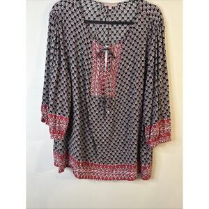 Saint Tropez West Top Womens 2x Boho Red & Blue Colorful 3/4 Length Sleeves